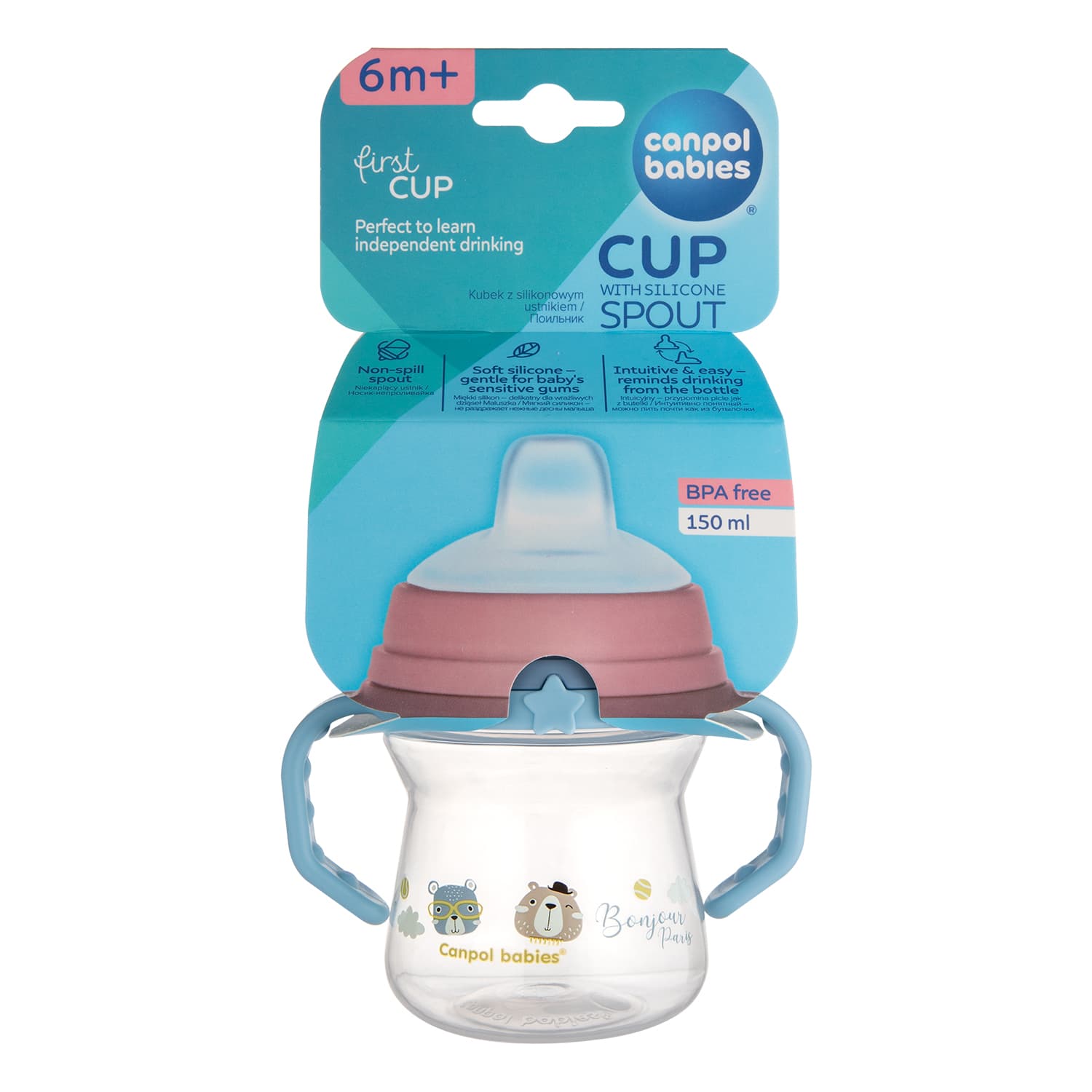 56/612_blu Canpol babies Cup with Silicone Spout FirstCup 150ml BONJOUR PARIS blue