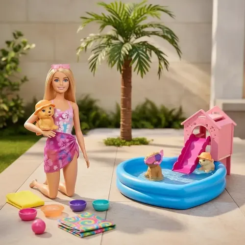 JBF350 Barbie Puppy Pool Party Toy Blonde Doll 2