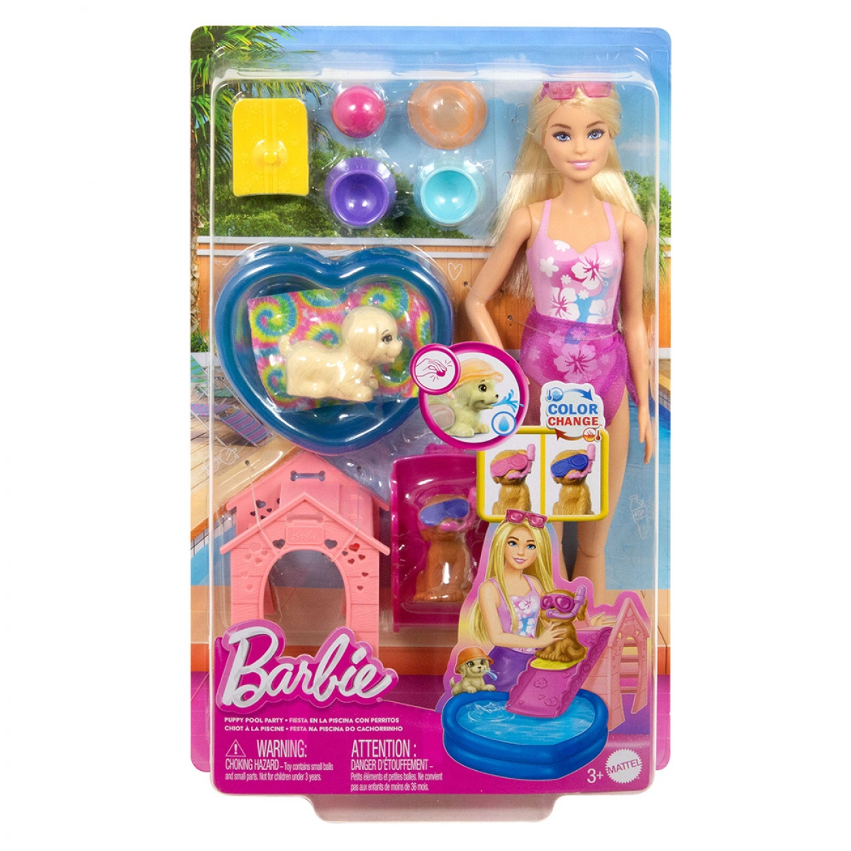 JBF350 Barbie Puppy Pool Party Toy Blonde Doll 4